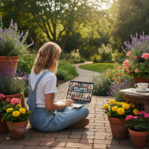 young woman with blonde hair watching online wellness event