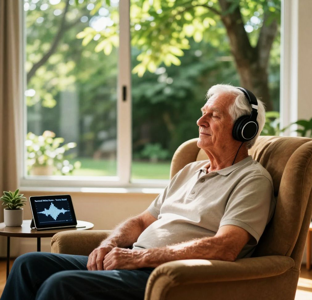 Older man listening to notched white sound