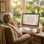 older person in chair listening and reading affirmations from a computer