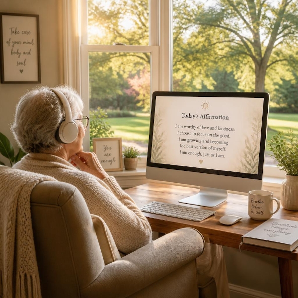 older person in chair listening and reading affirmations from a computer